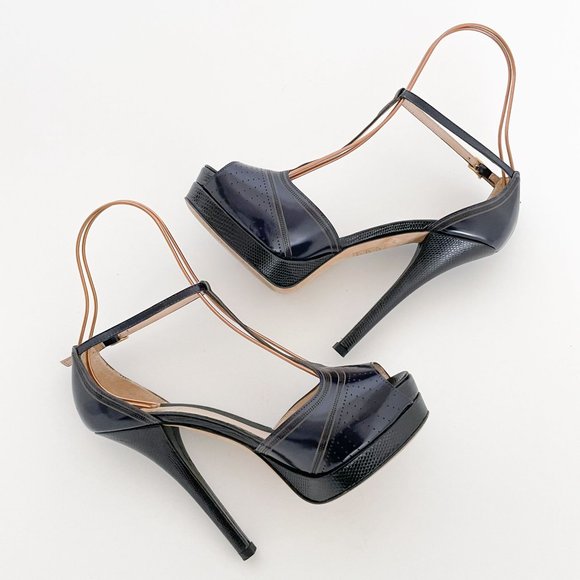 Fendi T-Strap Platform Sandal Navy Size 39 US 9 Blue Laser Cut Peep Toe Heel - Picture 11 of 13